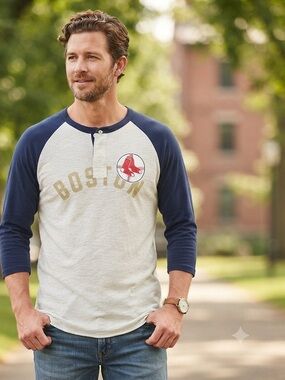 Fanatics Boston Red Sox Graphic Raglan Henley Shirt - Navy/Heather Sz 2XL